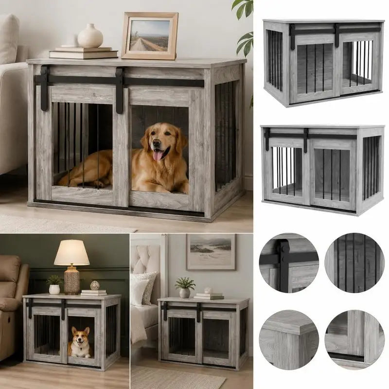 Cage Caisse for Dog Animals Interior Sliding Door, Metal Effect Wood, Dim. 57H X 80W X 54L cm