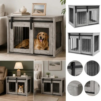 Cage Caisse for Dog Animals Interior Sliding Door, Metal Effect Wood, Dim. 57H X 80W X 54L cm
