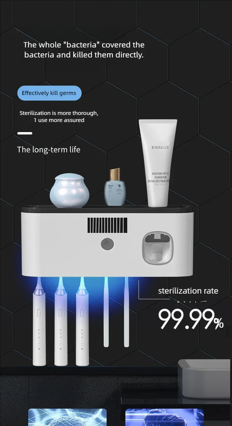 Household 3 in 1 UV Light Electric Toothbrush Sanitizer Wall Mounted Toothbrush Holder With Toothpaste Dispenser Combination