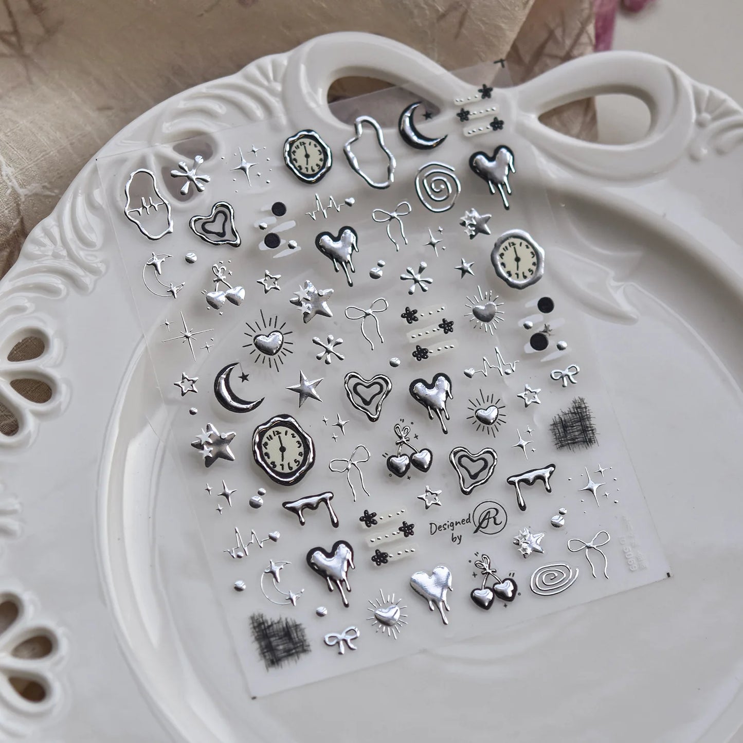1Pcs 5D Metal Y2K Liquid Love Star Moon Nail Art Sticker Punk Style Silver Clock Heartbeat Heart Slider Romantic Manicure Decals