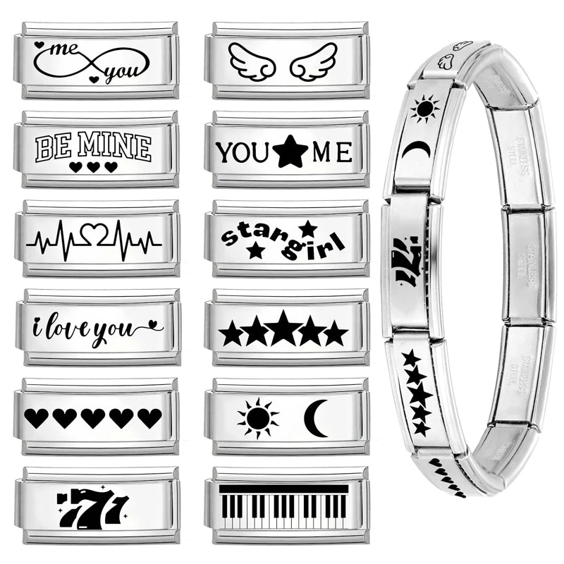 Laser Engraving Piano Heart Star Wings NO.7 Lips Italian Charm Links Fit 9mm Bracelet Stainless Steel Men Women DIY Making Gifts