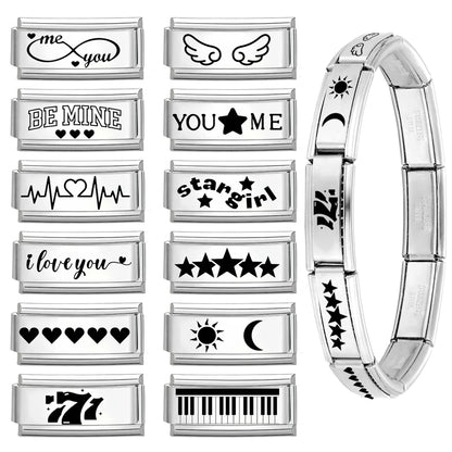 Laser Engraving Piano Heart Star Wings NO.7 Lips Italian Charm Links Fit 9mm Bracelet Stainless Steel Men Women DIY Making Gifts