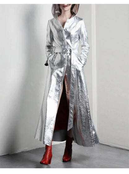 Lautaro Spring Autumn Extra Long Cool Silver Shiny Reflective Pu Leather Trench Coat for Women with Hood Luxury Runway Fashion