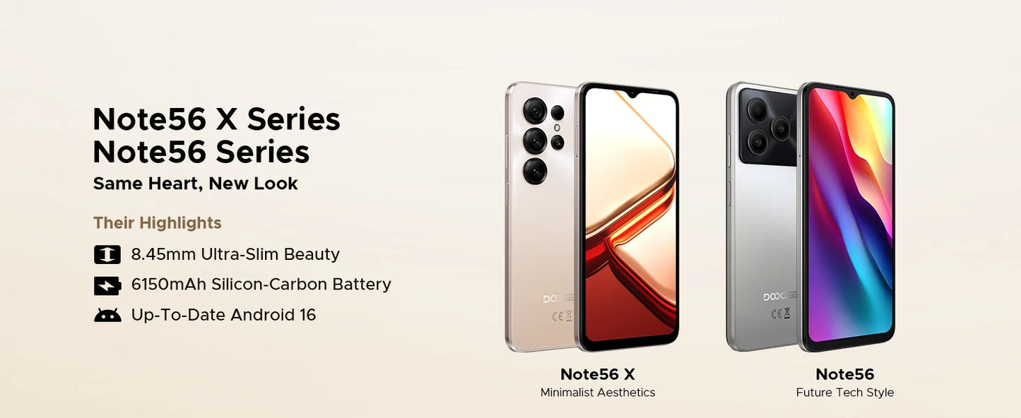 Global Version DOOGEE Note56 X Smartphone Android 16 24GB RAM(3GB+21GB) 64GB ROM 6.56'' Screen 6150mAh Battery Mobile Phone
