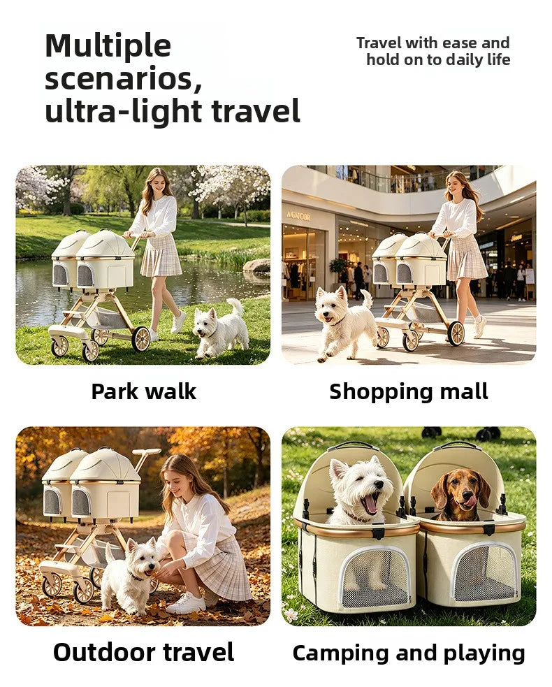 Twin Pet Cart Double Cabin Walking Pet Artifact Cat and Dog Outdoor Small and Medium Lightweight Foldable Double Layer Cart