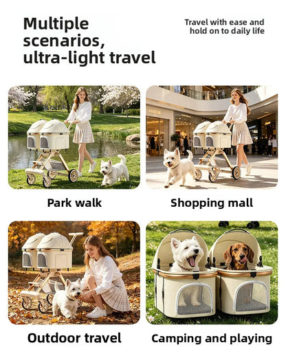 Twin Pet Cart Double Cabin Walking Pet Artifact Cat and Dog Outdoor Small and Medium Lightweight Foldable Double Layer Cart