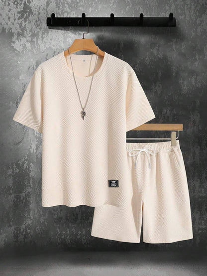 Men's Textured Letter Patched Round Neck Tee & Drawstring Shorts Two-Piece Set Regular Fit Casual Short Sleeve T shirt & Shorts