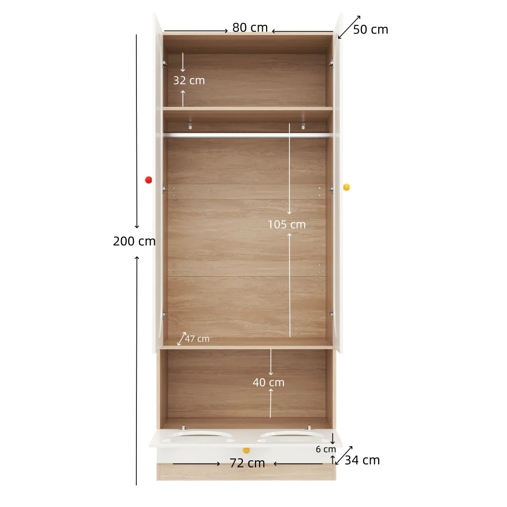 80x50x200cm Kids Wardrobe with Hanging Rod Integrated Cat Bed Design Lacquered Board and Particle Board with Colorful Ceramic Handles White and Natural Wood Color Multifunctional Storage Cabinet Suitable for Bedroom Home Furn