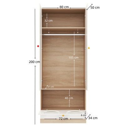80x50x200cm Kids Wardrobe with Hanging Rod Integrated Cat Bed Design Lacquered Board and Particle Board with Colorful Ceramic Handles White and Natural Wood Color Multifunctional Storage Cabinet Suitable for Bedroom Home Furn