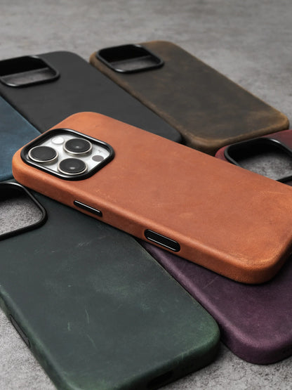 YMW Scratc Crazy Horse Genuine Leather Case for iPhone 17 16 15 Pro Max Magnetic PULL-UP Cowhide Phone Cover
