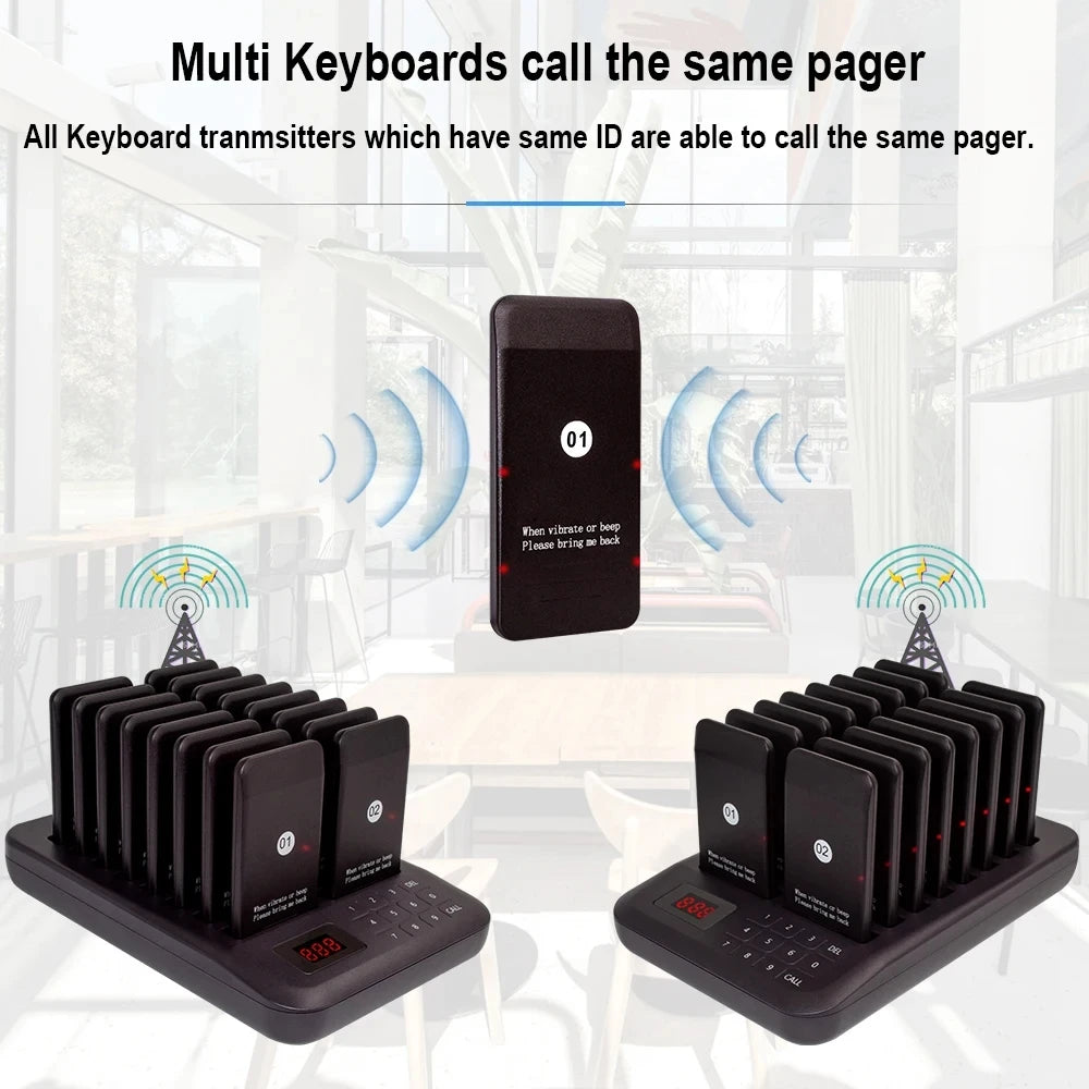 Calling System With 16 Pagers Buzzer Light Vibration 4 Modes Keypad Transmitter Guest Paging Coaster For Restaurant Coffee Shop