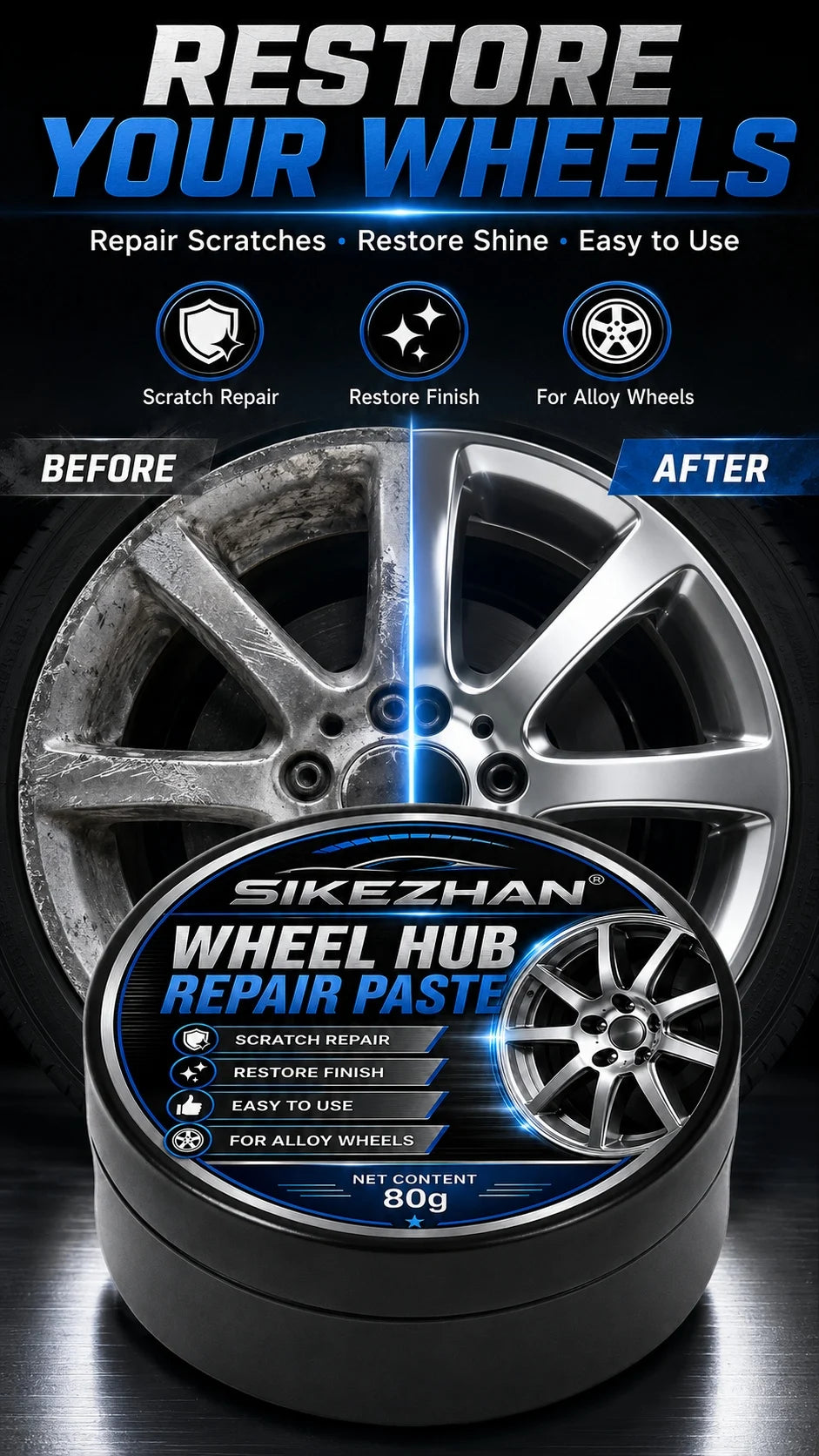 SIKEZHAN 80g Car Wheel Hub Repair Paste,Scratch & Oxidation Remover, Color Restorer and Polish Wax for Alloy Chrome Rims & Tires