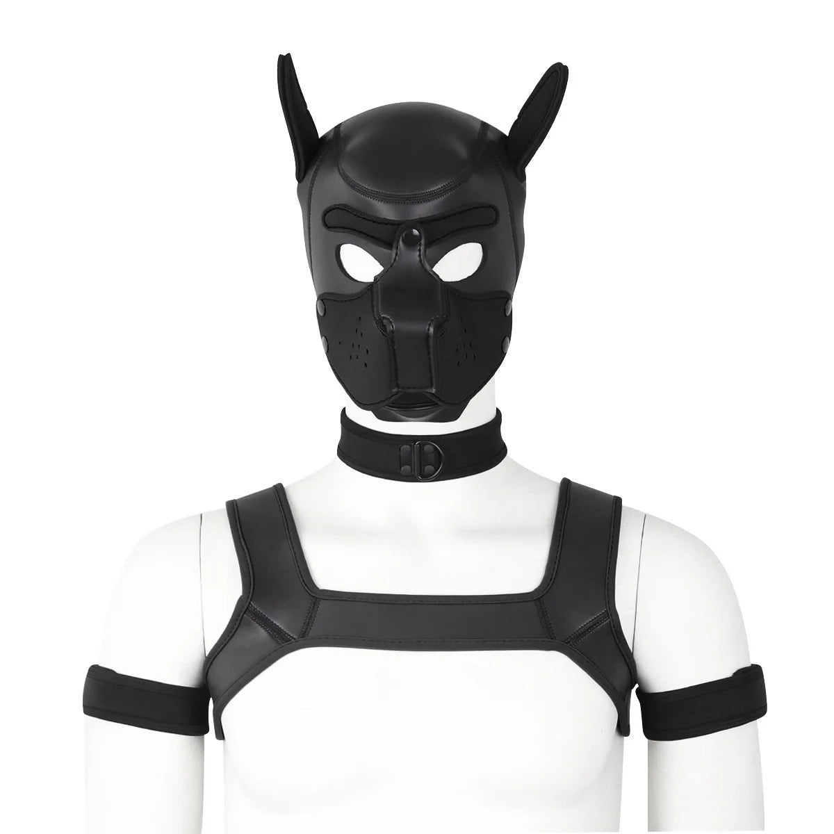 Large Size Puppy Cosplay Neoprene Fetish Hood Mask Kit with Chest Strap Collar Armband Sex Costumes for Bdsm Slave Role Play