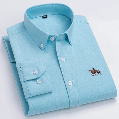 Basic Oxford Dress Shirt For Men Long Sleeve 100% Pure Cotton Solid  Casual Plaid Striped Social Business Male Regular-Fit S-6XL