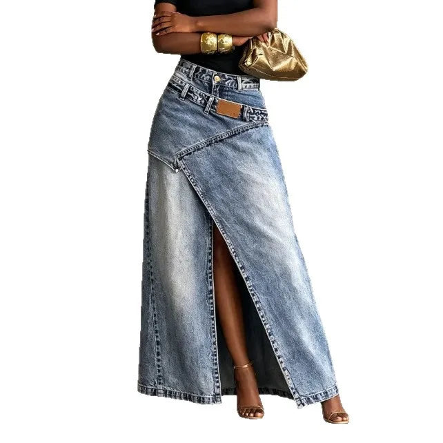 Fashion Distressed Wash Retro Denim Maxi Skirt Women's High Waist Asymmetric Wrap Front Slit Decor Stitching Long Jean Skirt New