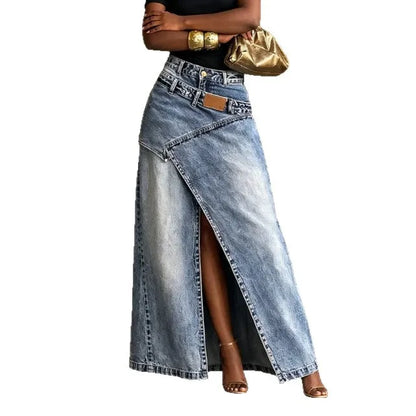 Fashion Distressed Wash Retro Denim Maxi Skirt Women's High Waist Asymmetric Wrap Front Slit Decor Stitching Long Jean Skirt New