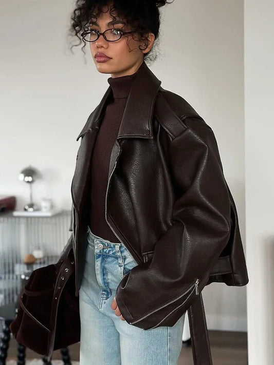 Retro Brown Lace Up Lapel Leather Jacket Women Fashion Zipper Pocket Full Sleeve Short Coat 2025 New Autumn High Street Outwears
