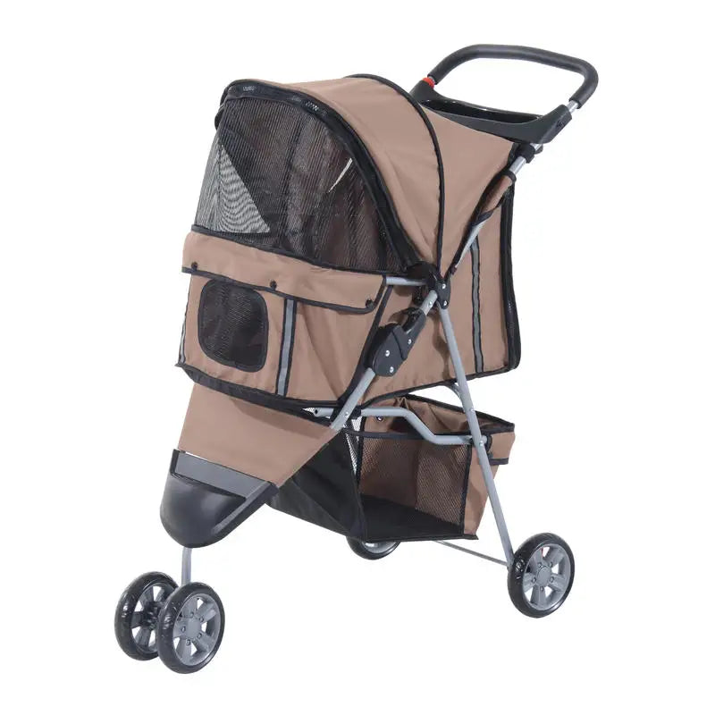 Coffee Foldable Dog and Cat Stroller Buggy, Suitable for Small Pets Weighing up to 10kg, Pet Travel Carrier Stroller with Comfort Cushion, Breathable Mesh Windows, Cup Holder and Extra Storage Bag for Daily Outdoor Use