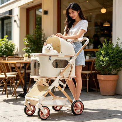 Aluminum Alloy Lightweight Pet Stroller Detachable Carrier One-Click Fold Shock Absorb Dog Cat Outdoor Travel Cart Wholesale