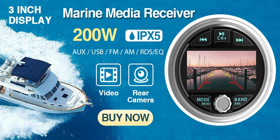 GRANDnavi Waterproof Bluetooth Marine Stereo Radio FM/AM Digital Media Audio Player for Boat Yacht ATV UTV Cart Motorcycle