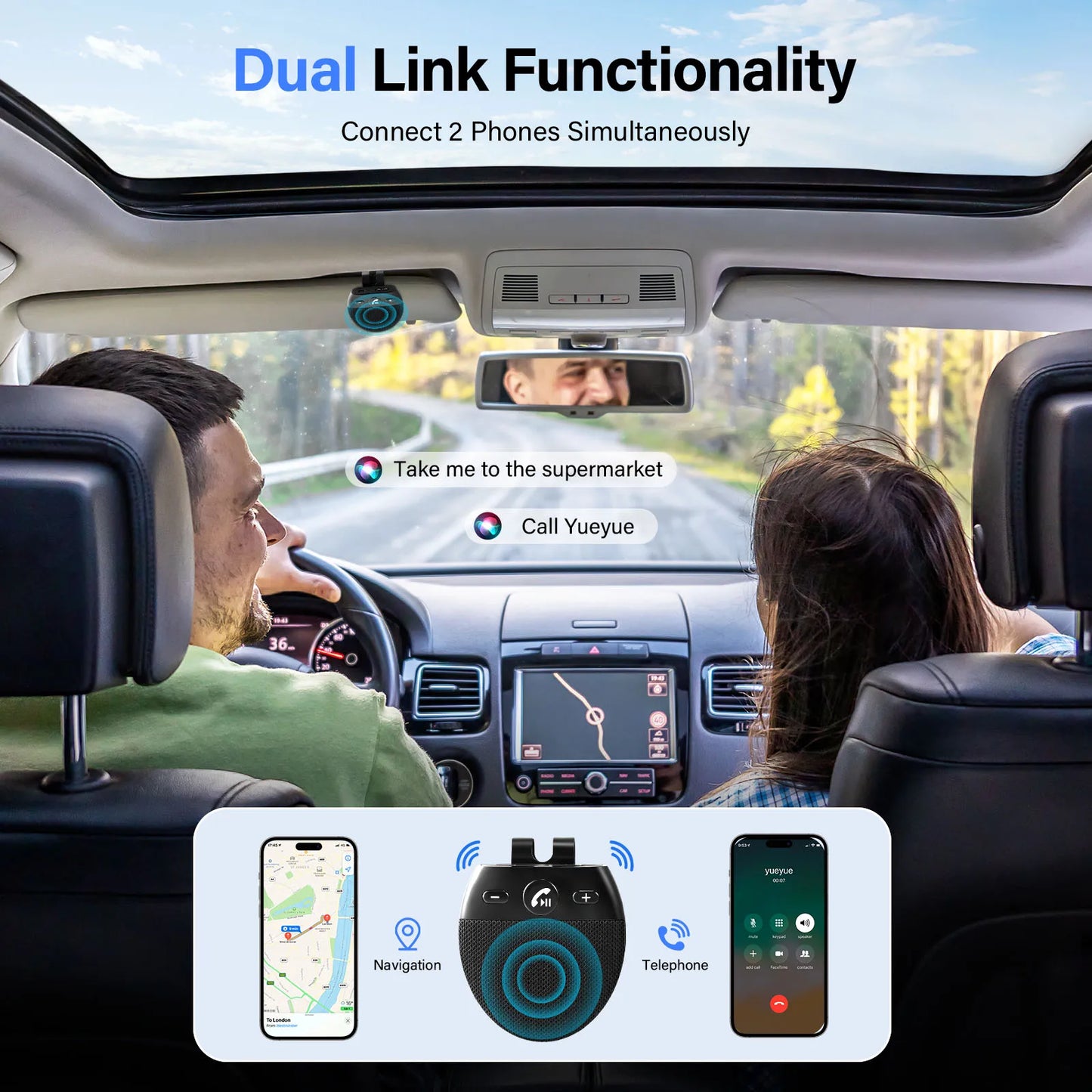 Hands Free Car Phone Kit Bluetooth Car Hands Free Kit Support 2 Phones Connection Support Siri Assistant Hands Free Speaker