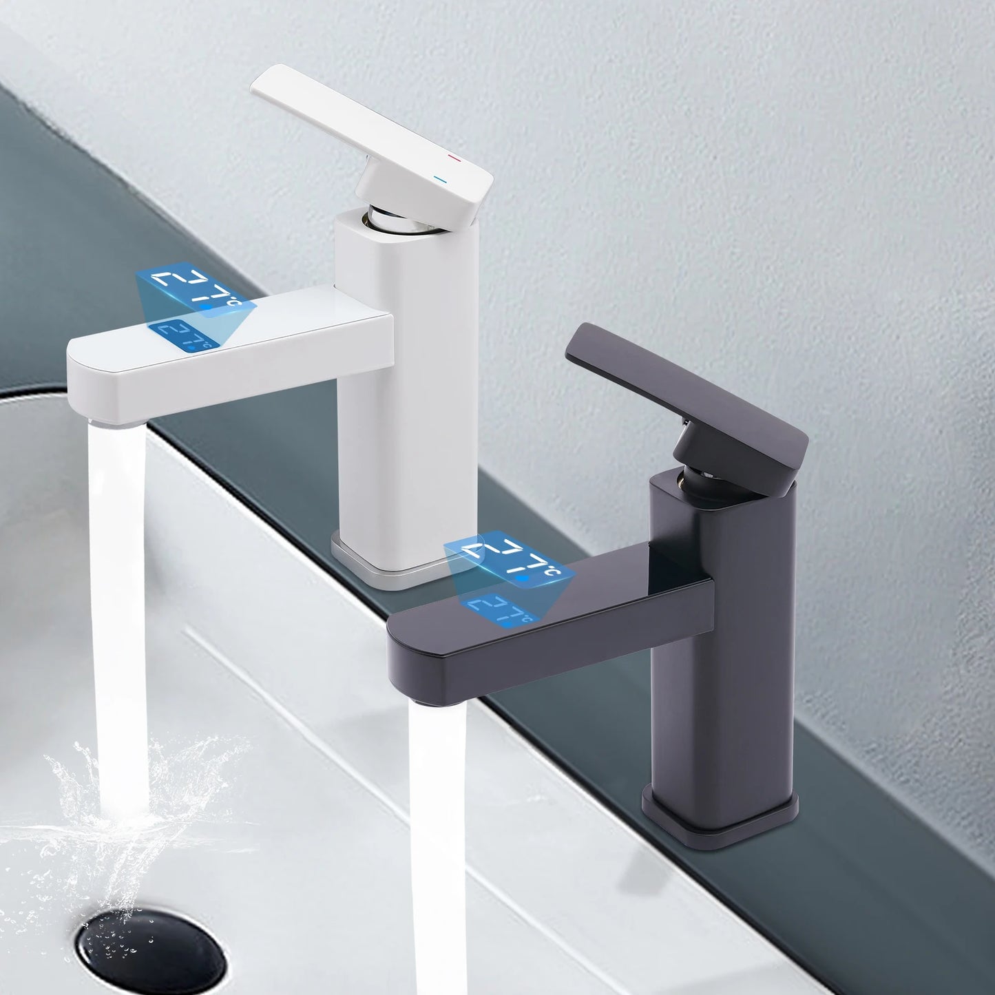 Black And White Washbasin Faucet, Bathroom Kitchen Single Pole Faucet With Digital Display Screen