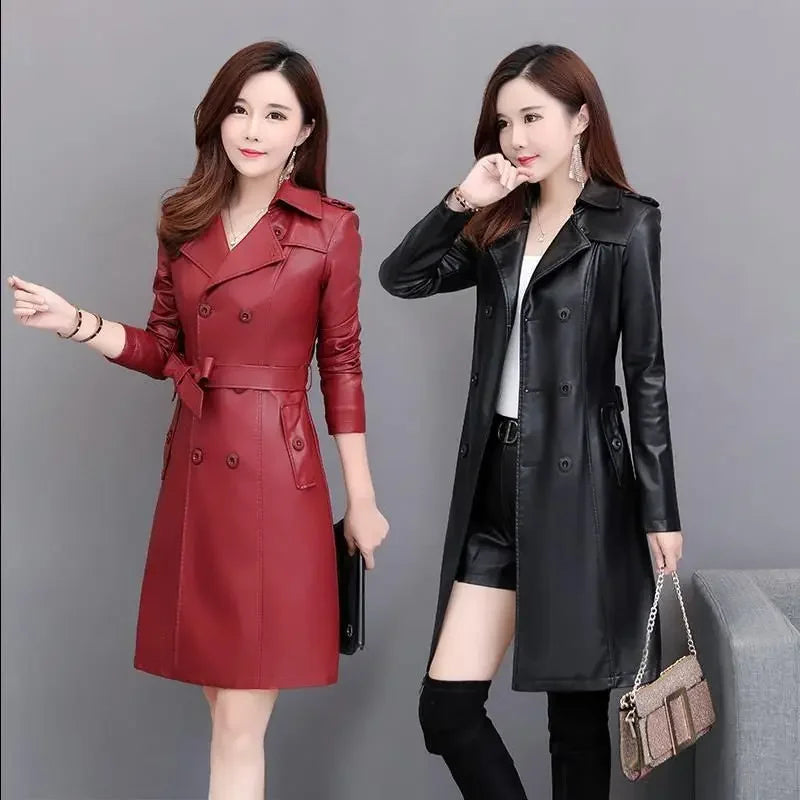 Top Compound lambskin leather jacket lady Free wash PU women clothing trench Long faux fur coat streetwear casaca para mujer
