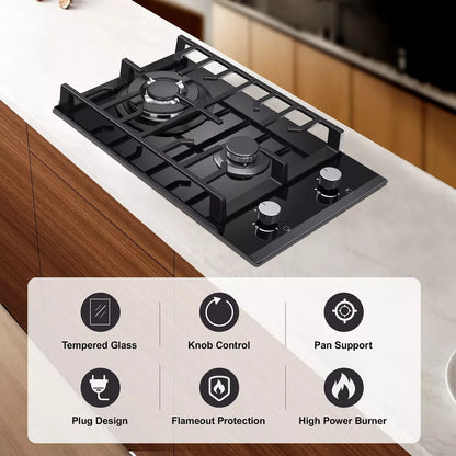 TopStrong 2 Burners 30cm Kitchen Built in Tempered Glass NG/LPG Dual Fuel Gas Hob UKGCT-B02