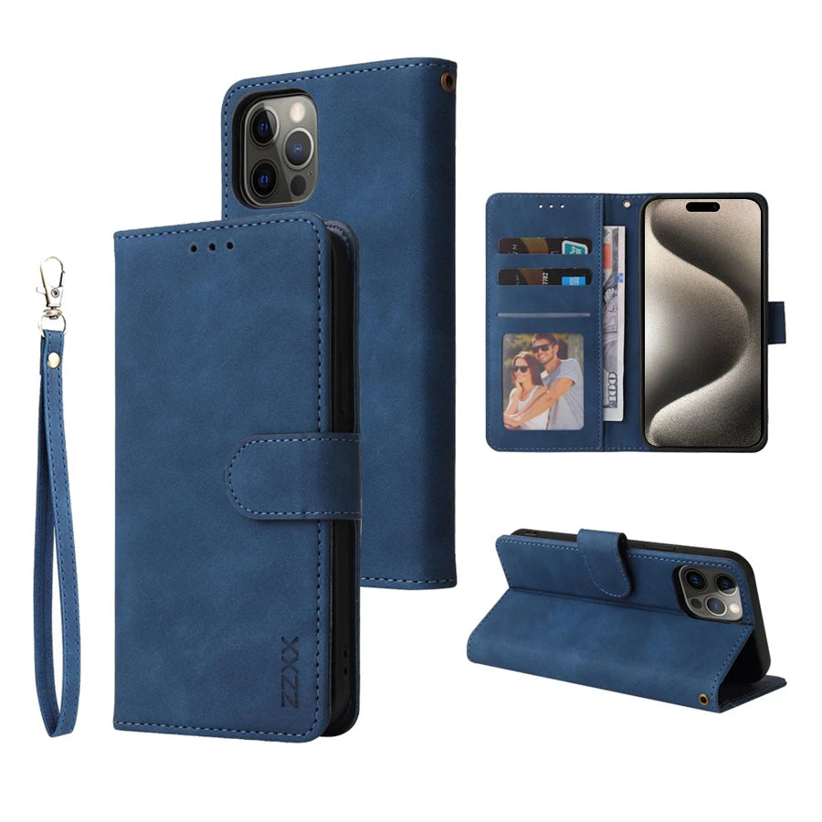 ZZXX Wallet Card Slot Holder Magnetic Flip Leather Case For iPhone 15 Pro Max 14 Plus 13 Mini 12 11 X XS XR SE 2022 8 7 6s Cover