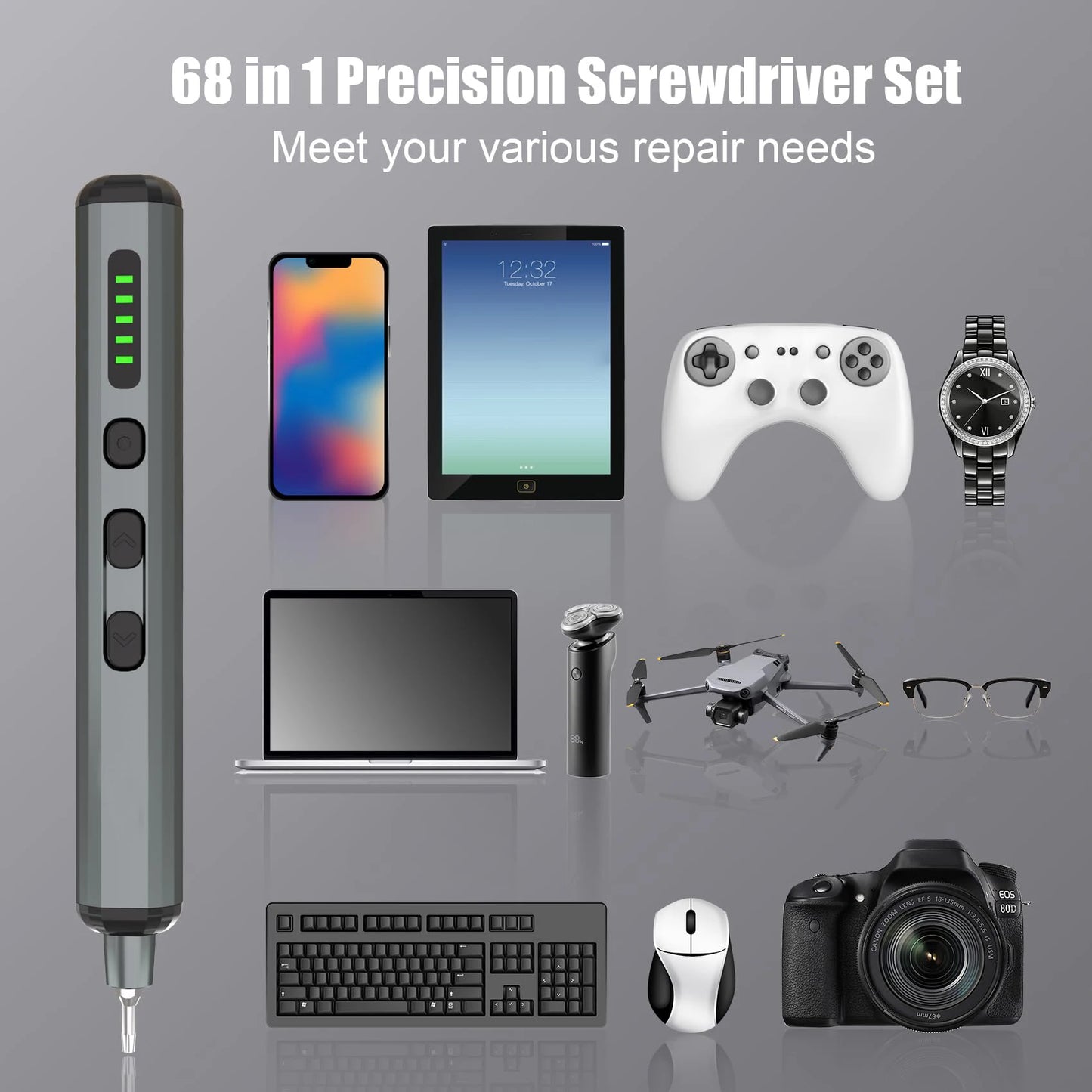Mini Precision Electric Screwdriver Set 68 in 1 Power Repair Tool with 64 Magnetic Torx Phillips Drill Bits 5 Torque Settings