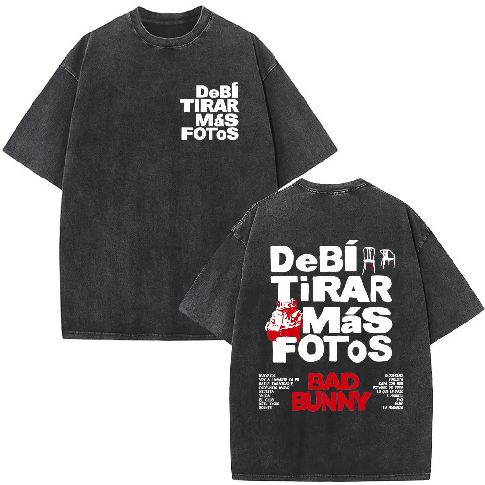 Rapper Bad Bunny Vintage Washed T Shirts Debi Tirar Mas Fotos DTMF T-shirts Men's Clothing Fashion High Quality T-shirt Couples