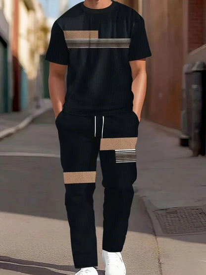 3D Navy Anchor Pattern Men's Set Summer Crew Neck Short Sleeve Shirt With Casual Trousers Two-Piece Set Casual Men's Set