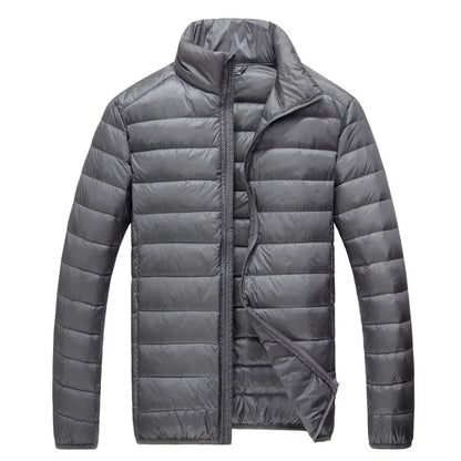 Schinteon Men Ultralight White Duck Down Jacket Thin Stand Collar Solid Color Simple Autumn Outwear