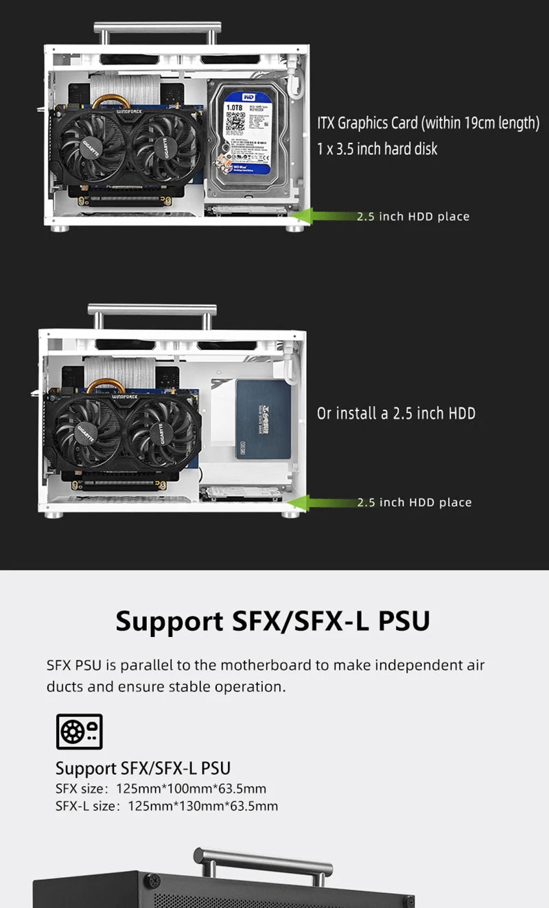 METALFISH T60 Mini ITX Black Case 9L Gaming Computer Chassis Compact transparent PC Support SFX PSU/300mm GPU