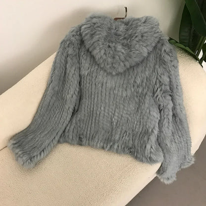 2024 Short Rabbit Fur Coat for Women Autumn Winter New Encrypted Thickened Handmade Double-sided Woven Hooded Korean Style