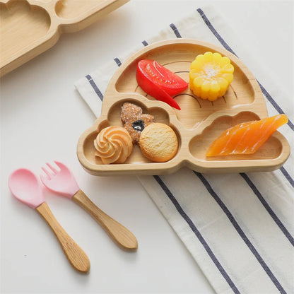 Baby Wooden Tableware Set Wooden Handle Fork Spoon Could Bamboo Wooden Plate Bowl Silicone Suction for Children Feeding Supplies