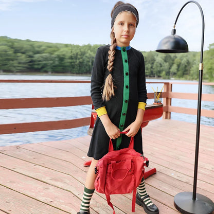 AA-Colorblock Waffle Knit Set Shirt Girl Dress and Baby Romper Contrasted Edges Rib Black Family Clothing Front Buttons Opening