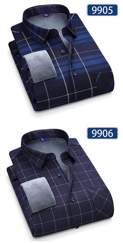 Autumn Winter Thicken Fleece Shirts For Men Business Plaid Shirt Long Sleeve Warm Clothes Male Single Pocket Classic Check Shirt