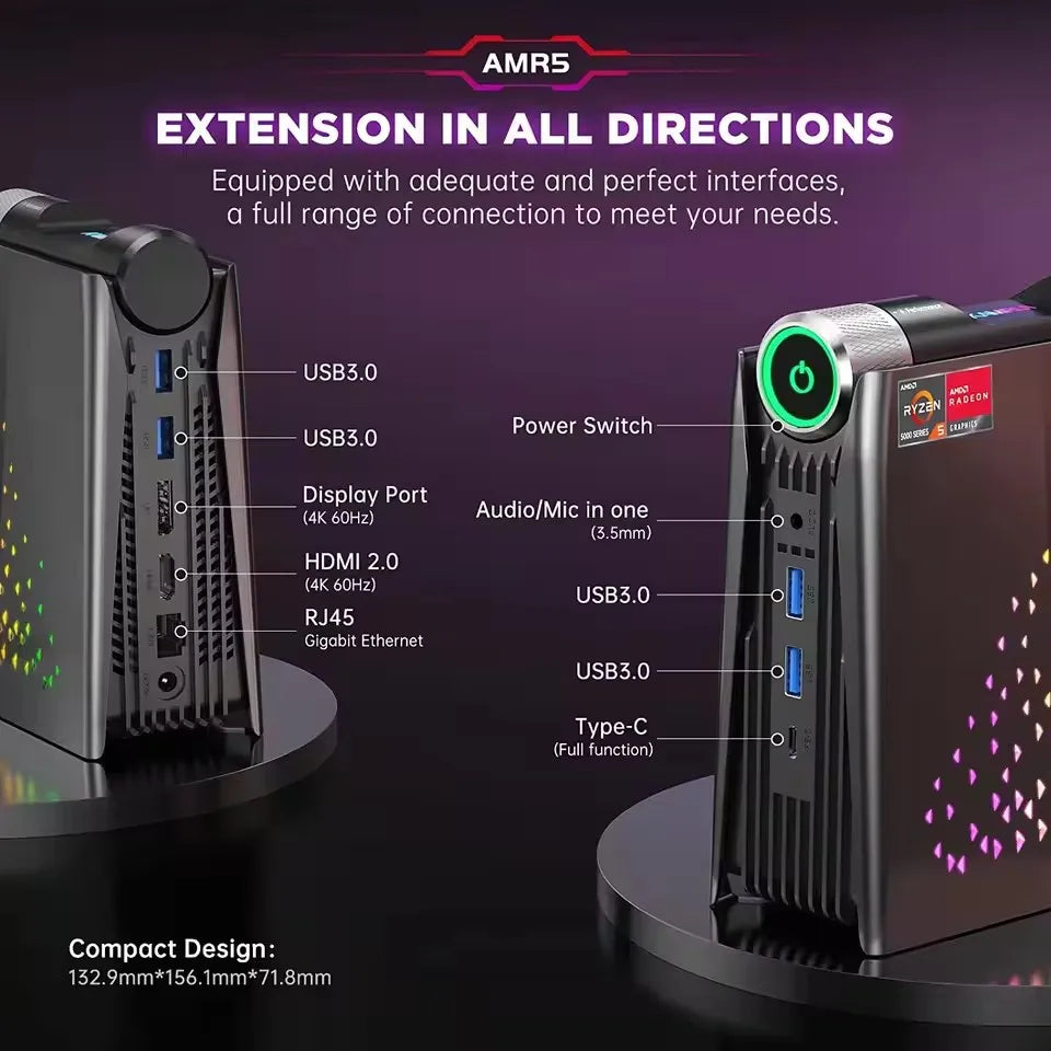 AMR5 Mini PC AMD Ryzen 7 5700U 16GB DDR4 512GB SSD Desktop Computer,WiFi6/BT5.2, 4K UHD, RGB Lights 3 Adjustable Mode Gaming PC
