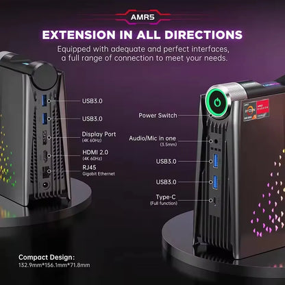 AMR5 Mini PC AMD Ryzen 7 5700U 16GB DDR4 512GB SSD Desktop Computer,WiFi6/BT5.2, 4K UHD, RGB Lights 3 Adjustable Mode Gaming PC