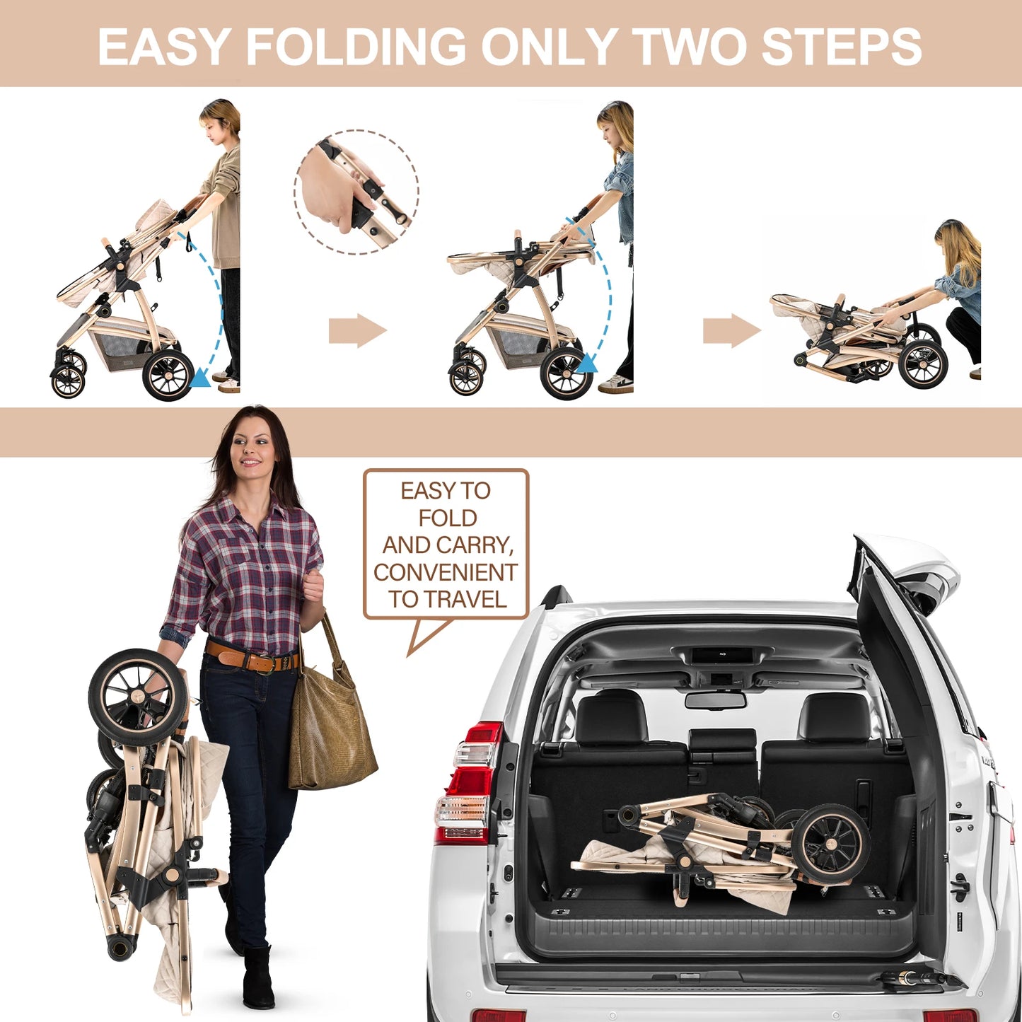 Baby Stroller 3 in 1 Easy Folding Multifunctional Stroller Travel Portable Baby Carriage Safety Seat EU Standard Aluminum Frame
