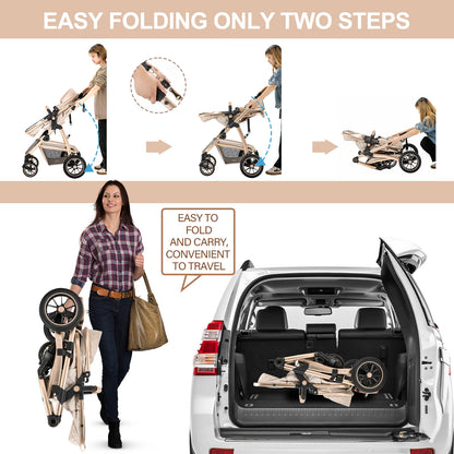 Baby Stroller 3 in 1 Easy Folding Multifunctional Stroller Travel Portable Baby Carriage Safety Seat EU Standard Aluminum Frame
