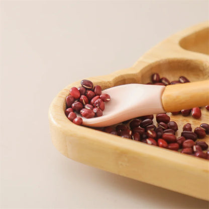 Baby Wooden Tableware Set Wooden Handle Fork Spoon Could Bamboo Wooden Plate Bowl Silicone Suction for Children Feeding Supplies