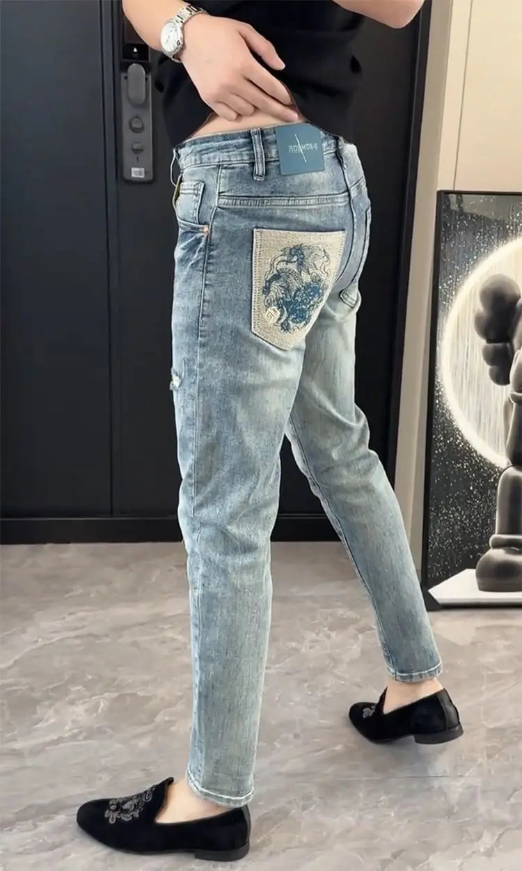 Summer New Slim-fit Men's Jeans Thin Brand Embroidery 2025 Designer Korean Style Clothes Casual Pants Luxury Fashion Pants