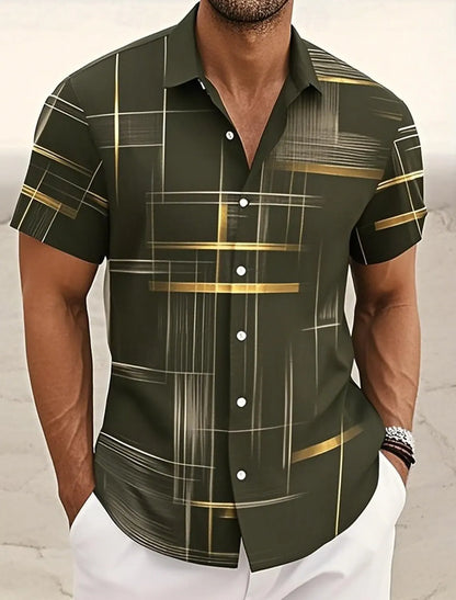 Summer Men's Geometric Grid  Plaid Shirts Short SleeveTurndown Hawaiian Shirt Button Up Shirts No Pockets Shirts
