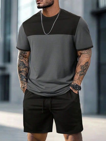 New European & American Style Men's Summer Loose-Fit Set Men's Crew Neck Short-Sleeve Top & Athletic Casual Shorts Two-Piece Set