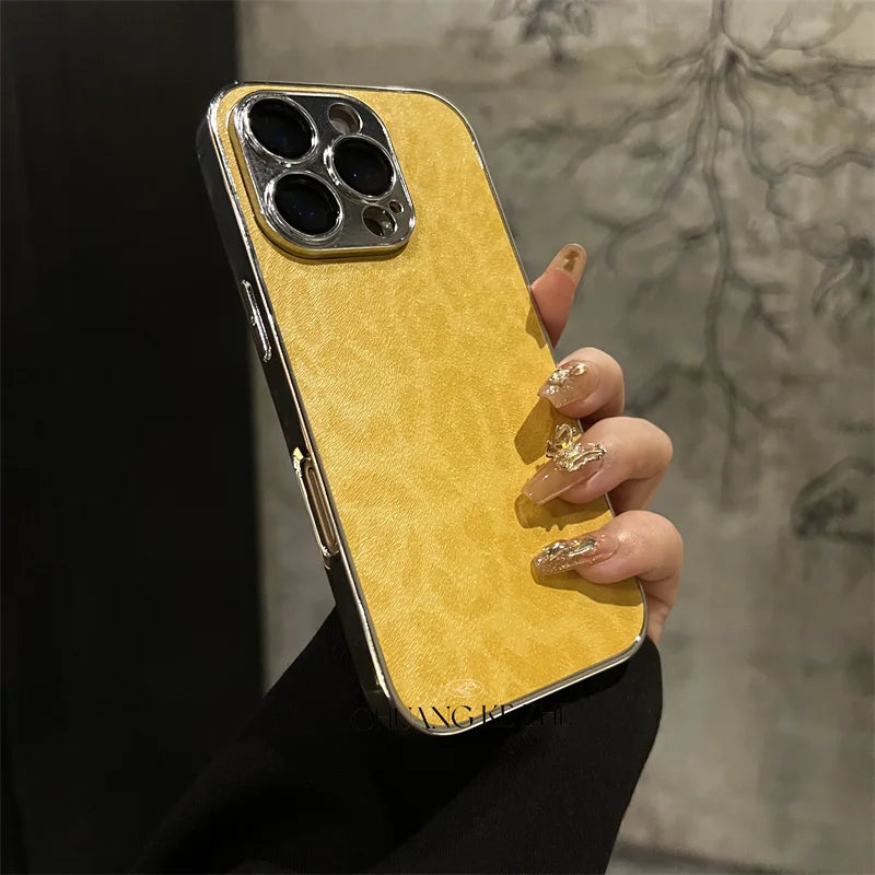 Luxury Plating Leopard Texture Leather Case For iPhone 17 16 15 14 Plus 13 12 11 Pro Max Lens Protection Shockproof  Cover Capa