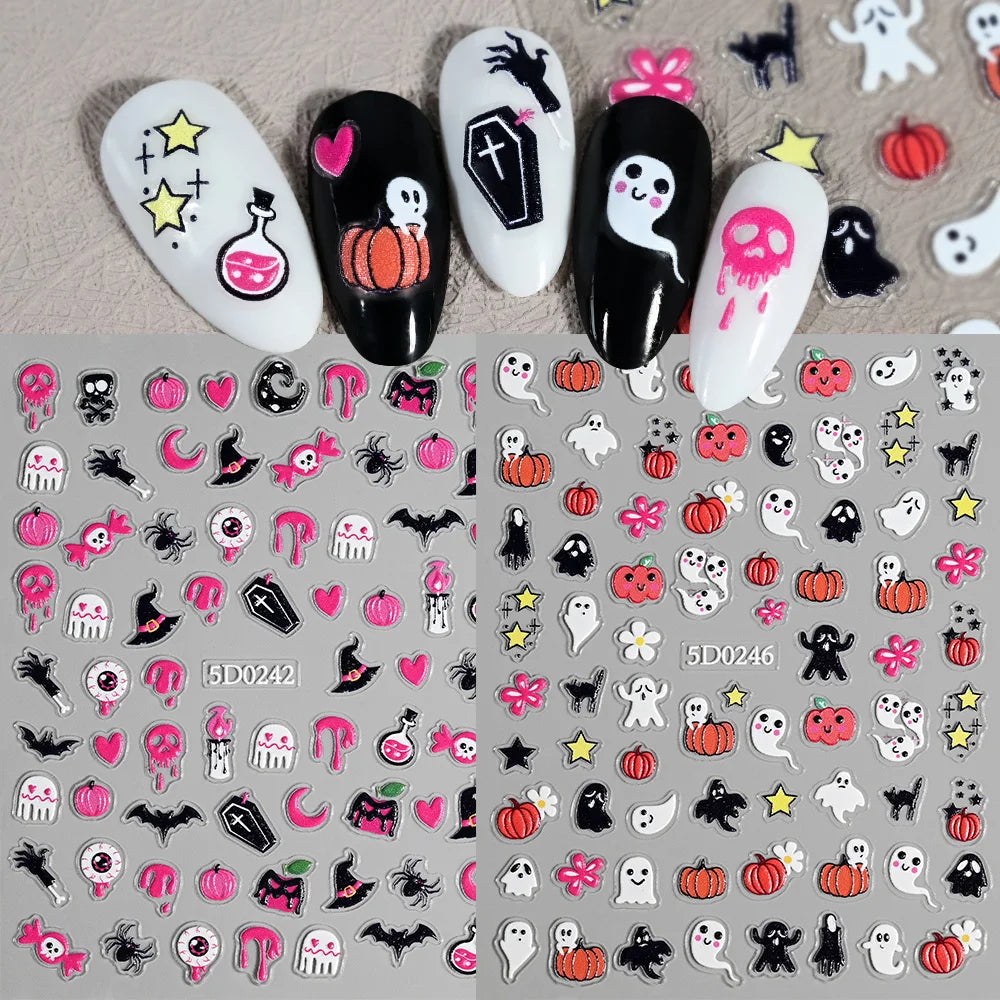 1sheet 5D Halloween Nail Stickers Pink/Green/Black Cartoon Pattern Nail Art Slider DIY For Sweet Cool Girl Cute Nail Decoration
