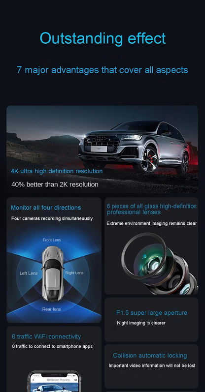 4K 4CH Hidden Dash Cam with APP Night Vision Motion Detection 24/7 Parking Monitor G-Sensor Loop Recording WDR Blackbox Car DVR