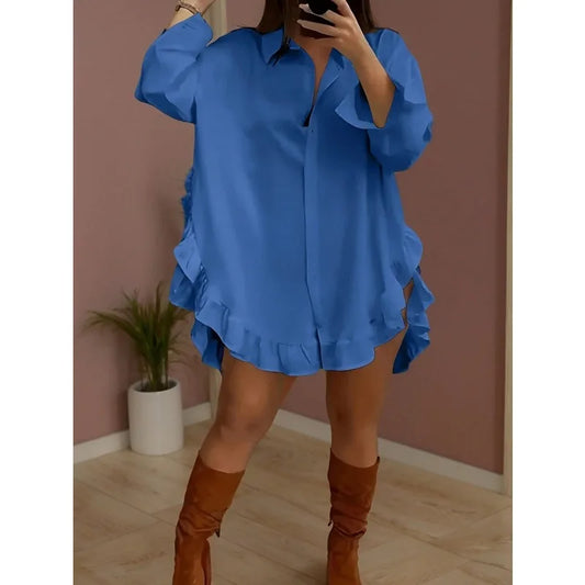 Plus Size 1XL-5XL New Women's Irregular Lace Solid Color irt Loose Fit Long Sve Casual Border Sle ﻿